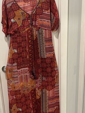 Rust Patchwork Maxi Dress with Tie Waist